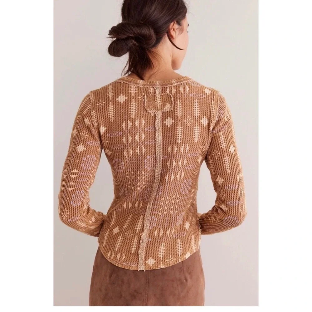 NWT Free People We The Free Pretty Little Thermal Top Latte Brown Print XL Boho